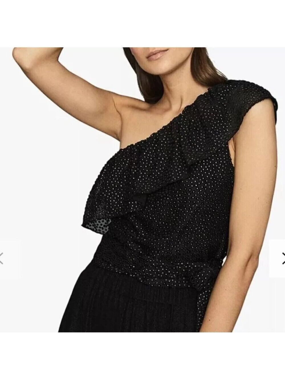 NWT Reiss Nora Metallic Spot Asymmetric Neck Tie Detail Top, Black/Gold size 10